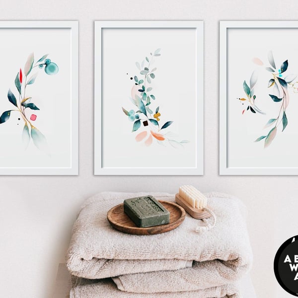 Botanical Bathroom Prints Set of 3, Wash Your Worries Away, Relax Sign Bathroom,