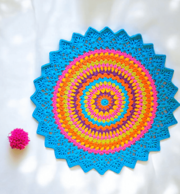 large, bright, crochet doily, mandala table mat