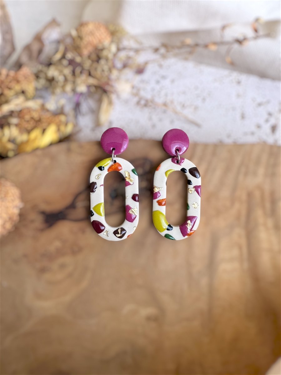 Autumn Magenta & Abstract Mosaic Open Oval Polymer Clay Earrings