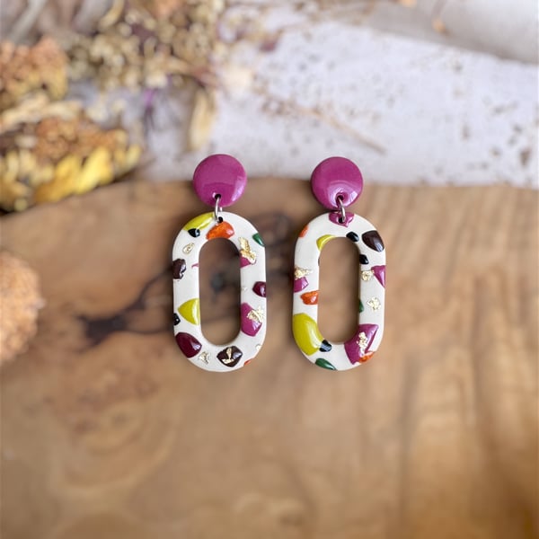 Autumn Magenta & Abstract Mosaic Open Oval Polymer Clay Earrings