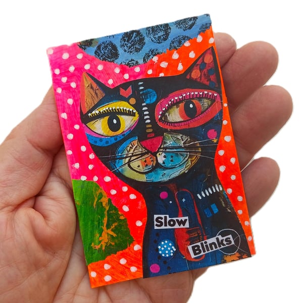 Whimsical Cat Pop Art Miniature ACEO Painting Mixed Media Original Kitty Artwork