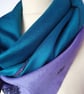 Vintage sari silk double sided triangular scarf. Turquoise Lilac Black - Image 9