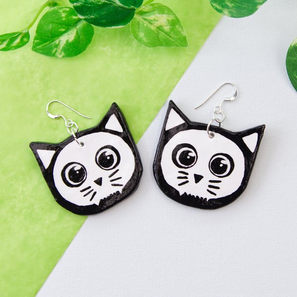 Cute Halloween Cat Skull Air-Dry Clay Dangly Earrings