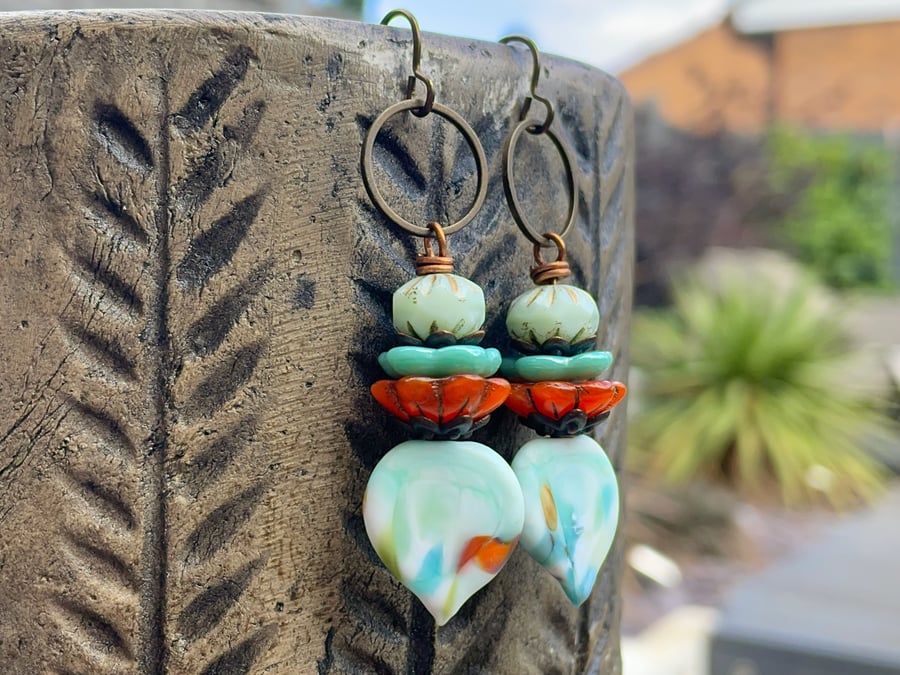 Mint Green Lampwork Earrings. Artisan Glass Dangle Earrings. Spring Inspired