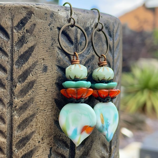 Mint Green Lampwork Earrings. Artisan Glass Dangle Earrings. Spring Inspired