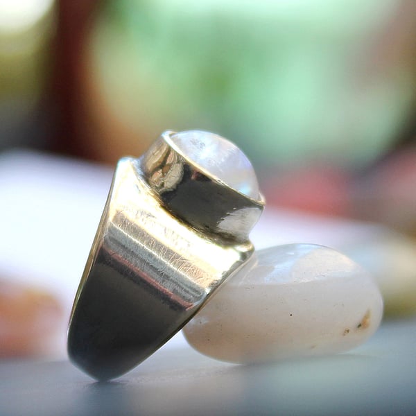 Silver Band Ring With Glittering Moonstone - Size K - Artisan Crafted