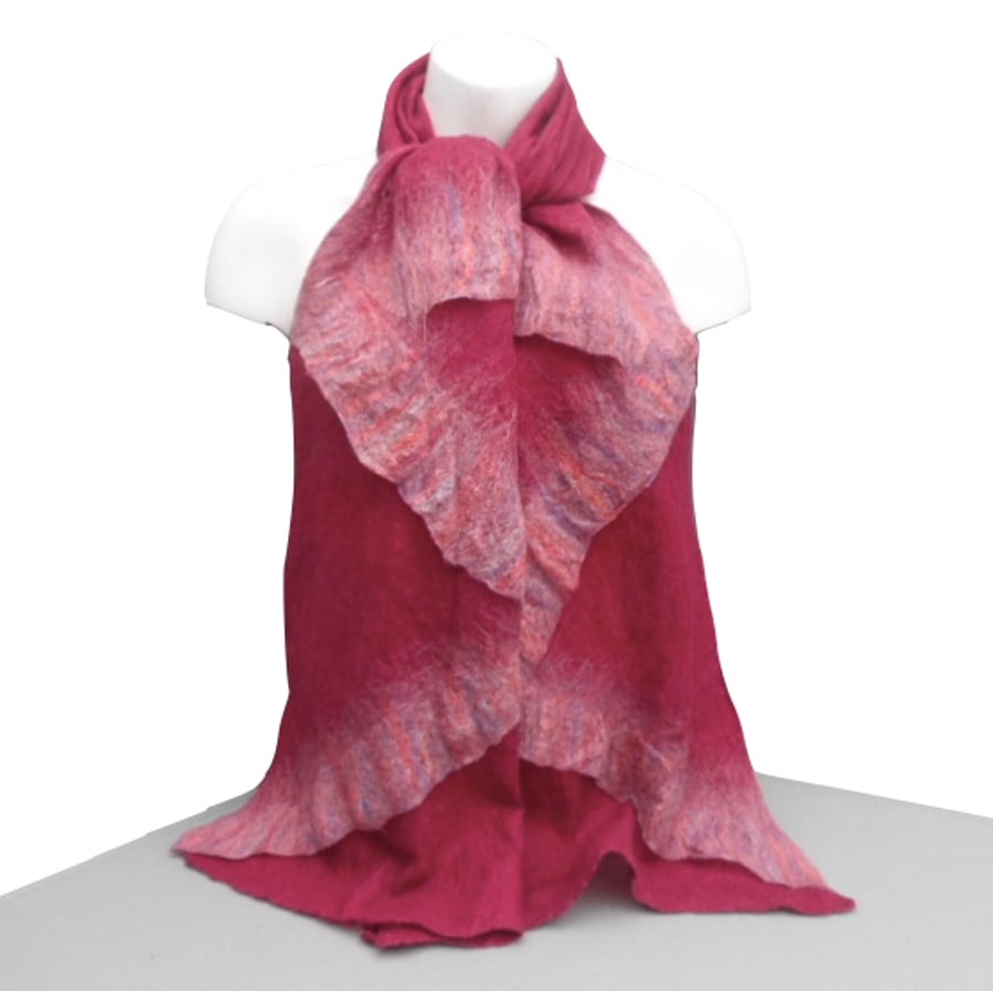 Long elderberry cobweb felted scarf with contrasting ruffles - SALE