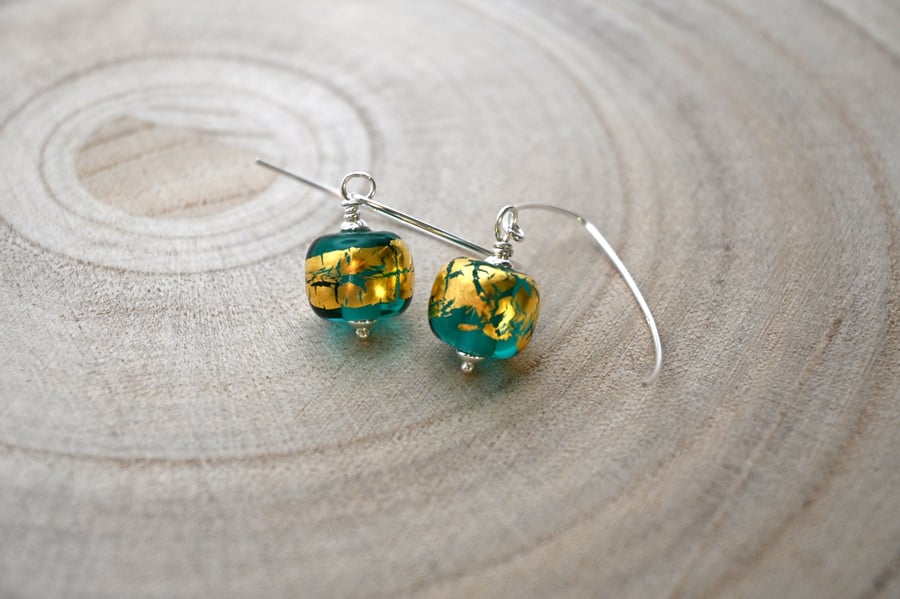 green and gold leaf glass earrings