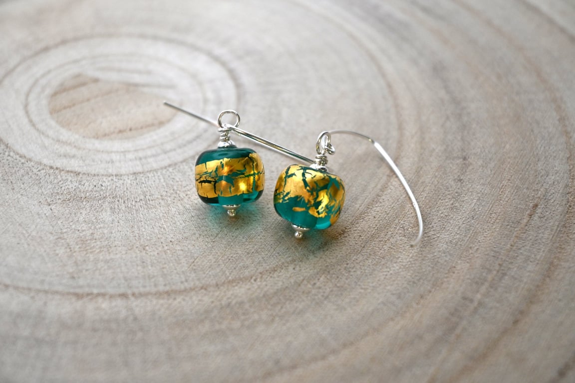 green and gold leaf glass earrings