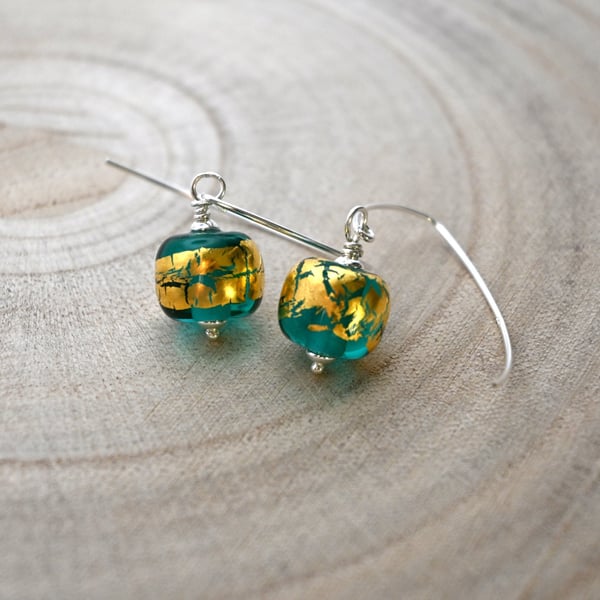 green and gold leaf glass earrings