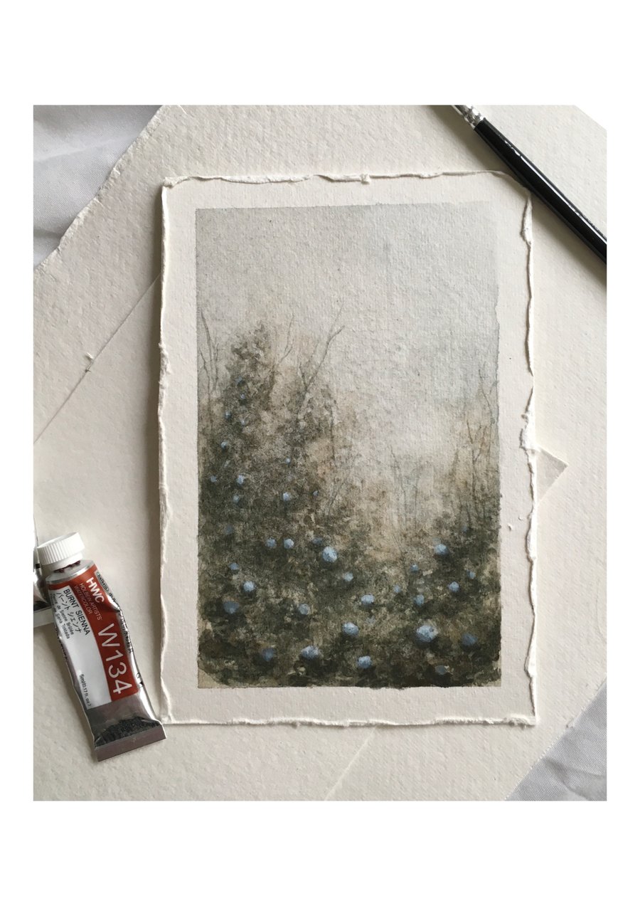 Original watercolour and gouache painting of blue hydrangea flower