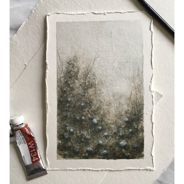 Original watercolour and gouache painting of blue hydrangea flower