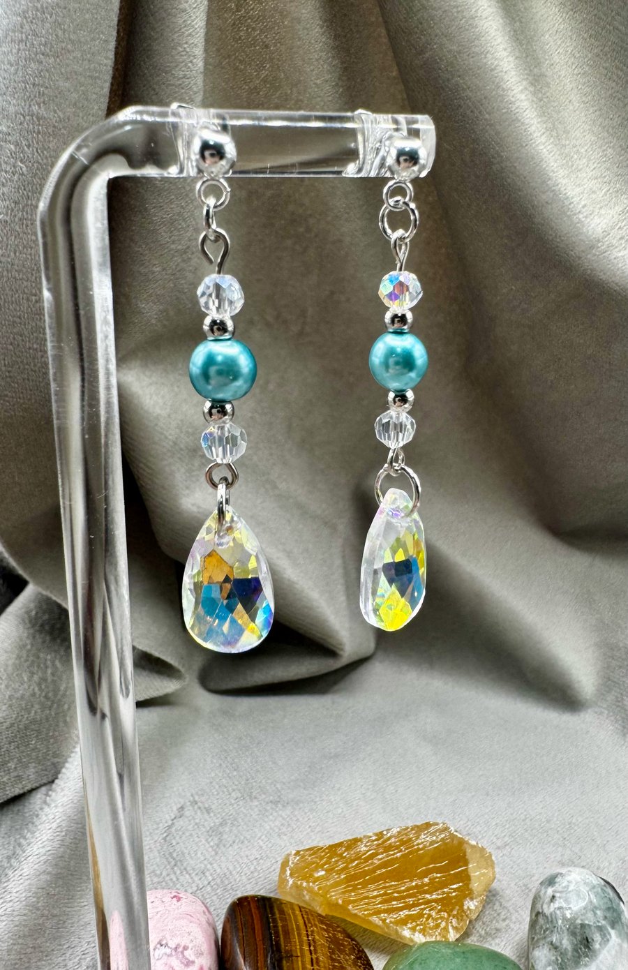 Opal coloured crystal and glass pearl drop earrings.