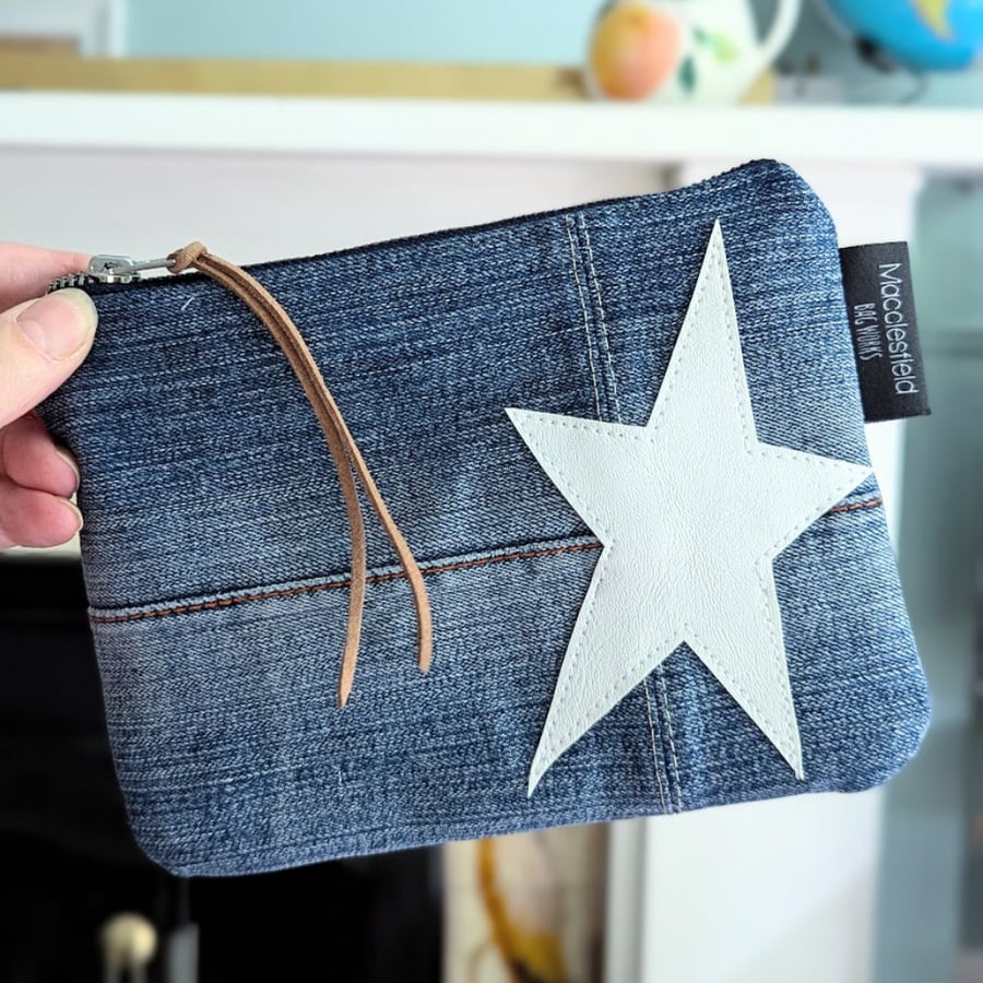 Denim Purse Large Pouch Purse or Makeup Bag White Star Motif - seconds