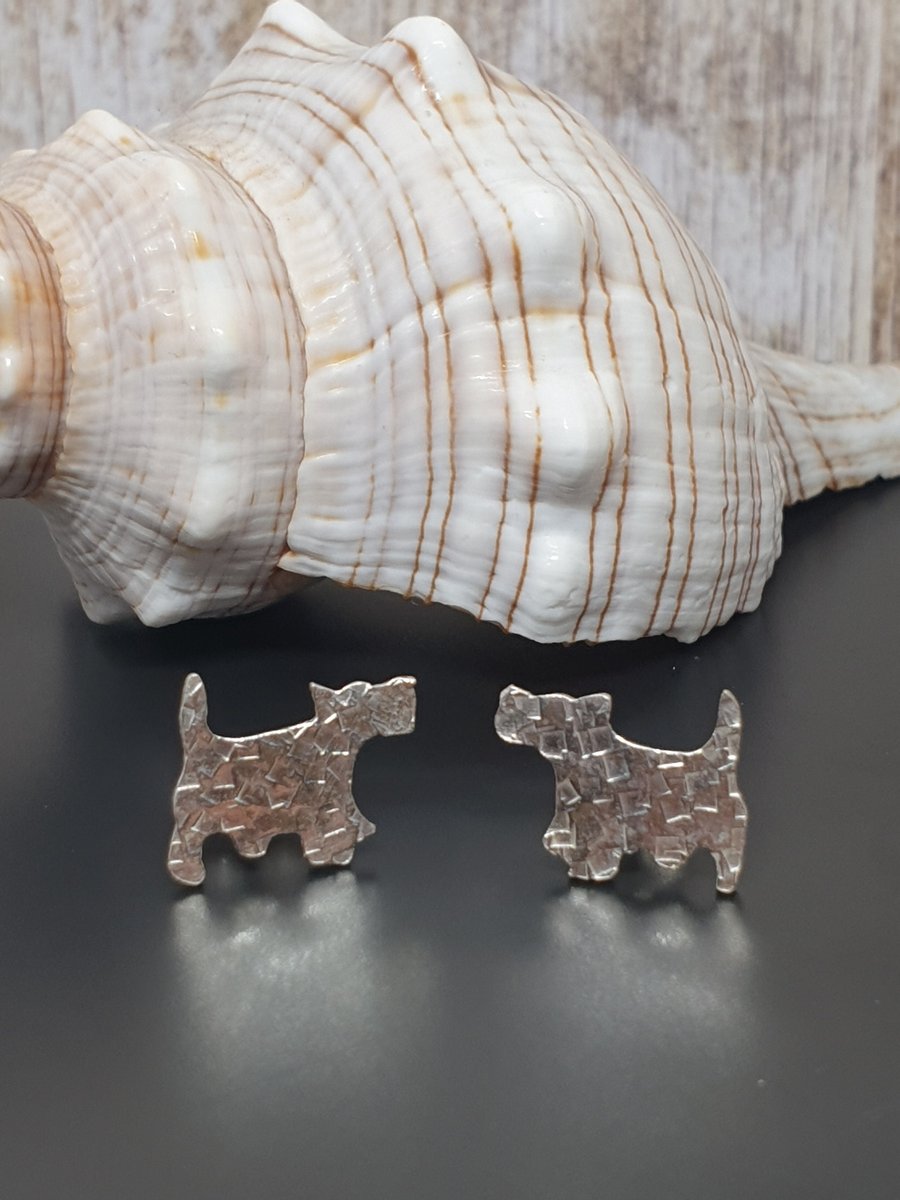 Sterling Silver 925 Scottish Terrier Textured Stud Earrings Full Hallmark