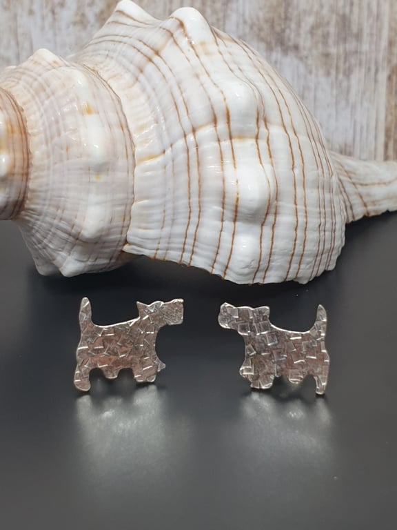 Sterling Silver 925 Scottish Terrier Textured Stud Earrings Full Hallmark