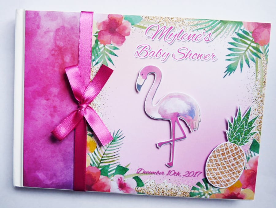 Flamingo birthday guest book, tropical flamingo, flamingo birthday gift