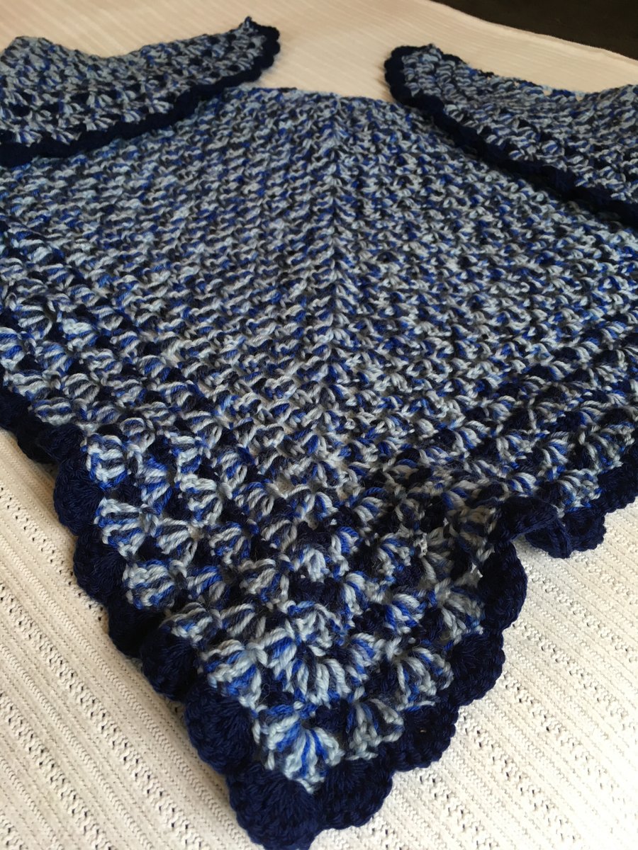 SALE Warm and comforting blue Merle crochet shawl with navy blue edging