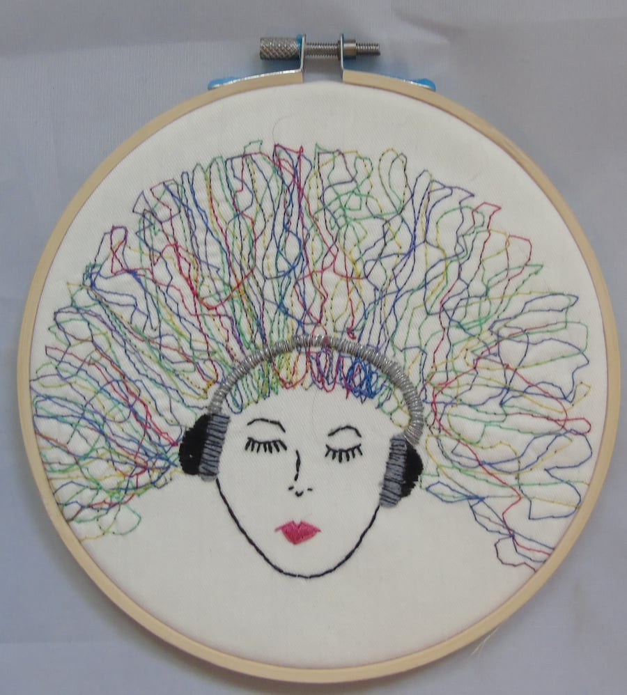 Seconds Sunday -  Rainbow Hair Girl Free Motion Embroidery Hoop Art