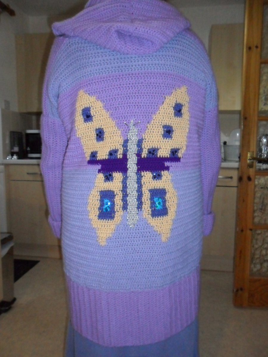 Crochet Hooded Jacket with Butterfly Motif