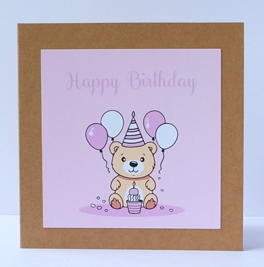 'Colourful Card' Girls Cute Pink Teddy Bear Birthday Card  