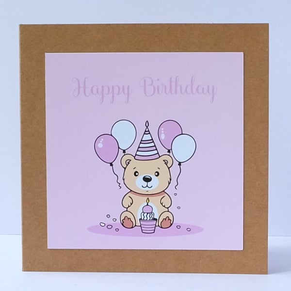 'Colourful Card' Girls Cute Pink Teddy Bear Birthday Card  
