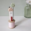 Wooden House on a Vintage Bobbin with Clay Flower 