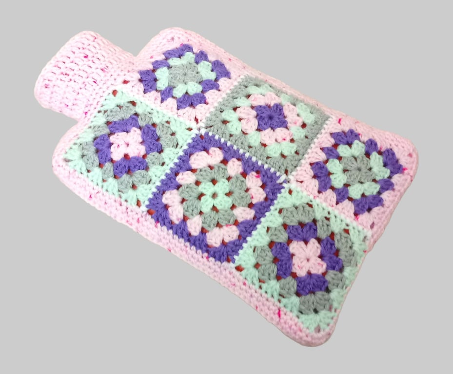 Hot water bottle cover in pink, purple, turquoise and grey, 2 L, crochet cover