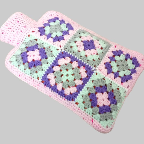 Hot water bottle cover in pink, purple, turquoise and grey, 2 L, crochet cover