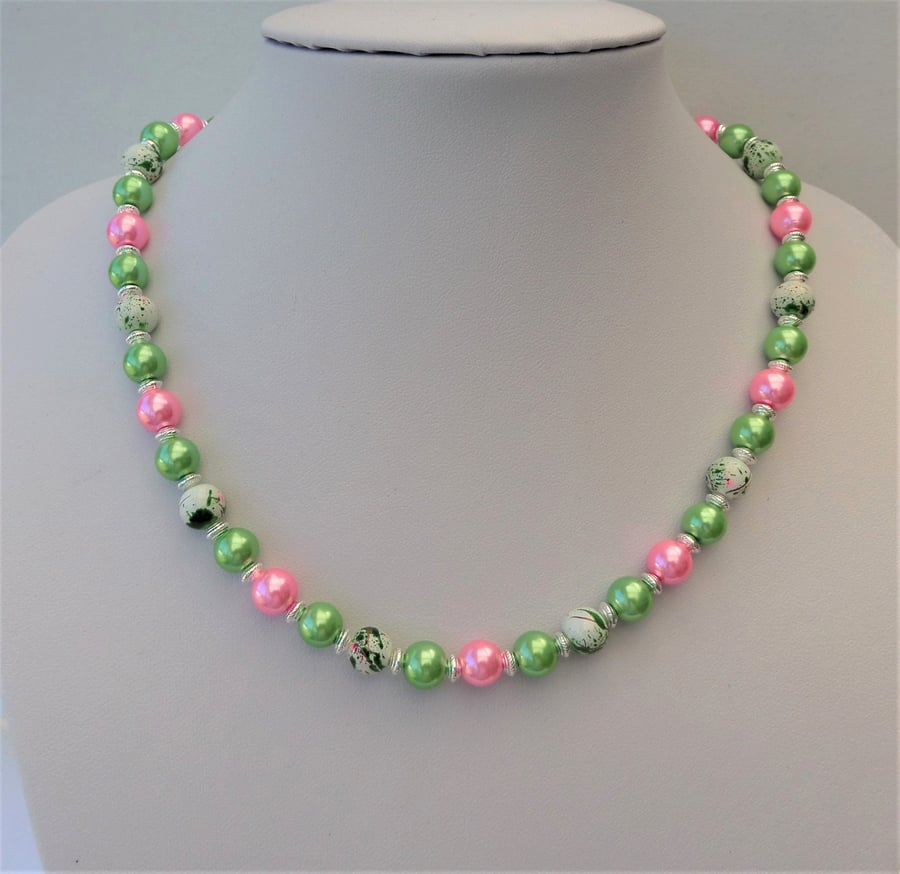 Green and pink glass pearl and white mottled bead necklace