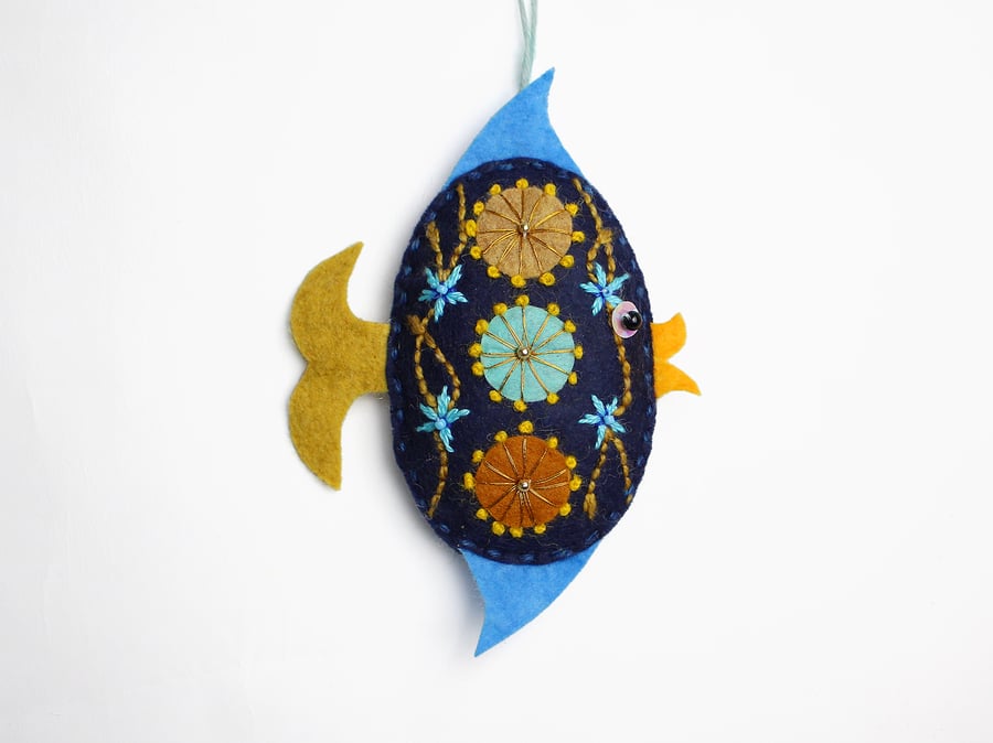 Angel fish - a navy felt hand embroidered hanging ornament 