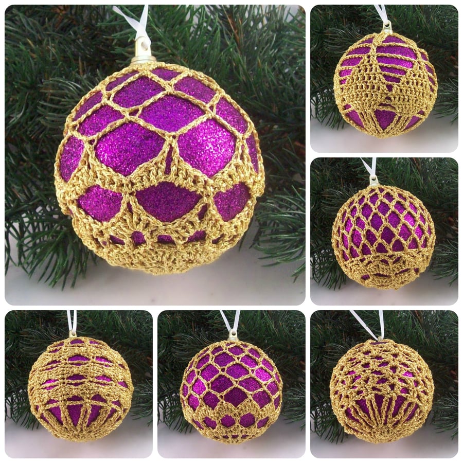 Christmas baubles boxed set of 6 large decorated with crochet lace (A32)