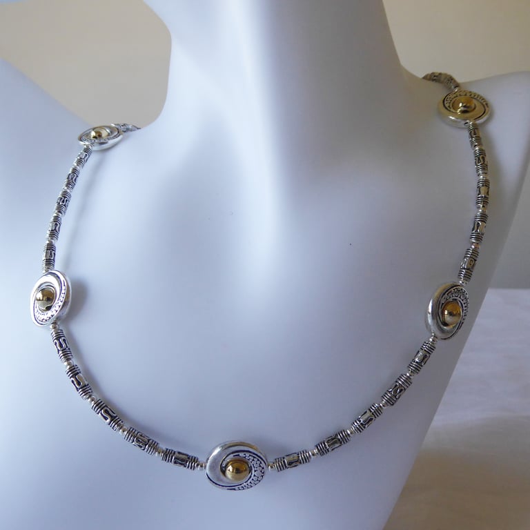 Tibetan Silver Fancy Tube Bead Necklace with Dragon Eye Feature Beads