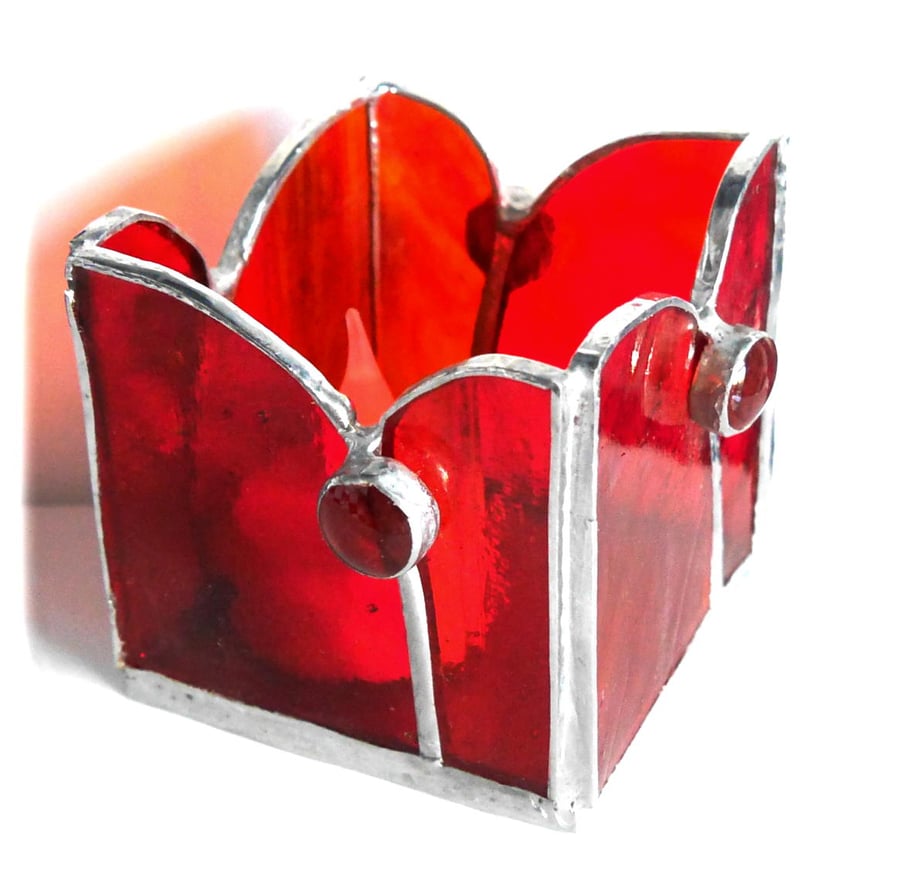 Stained Glass Candle Holder Box Handmade Red Tea light Card 