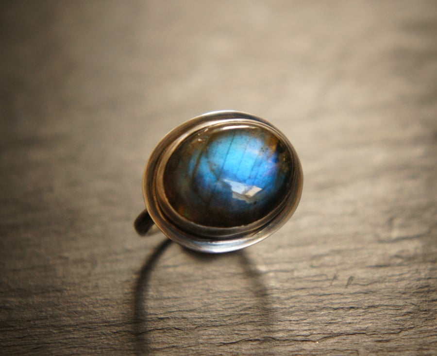 Blue Glow Labradorite and Sterling Silver Ring,Adjustable