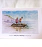 original hand painted print of sandcastles Cornwall Beach printed Greeting Card - Image 1