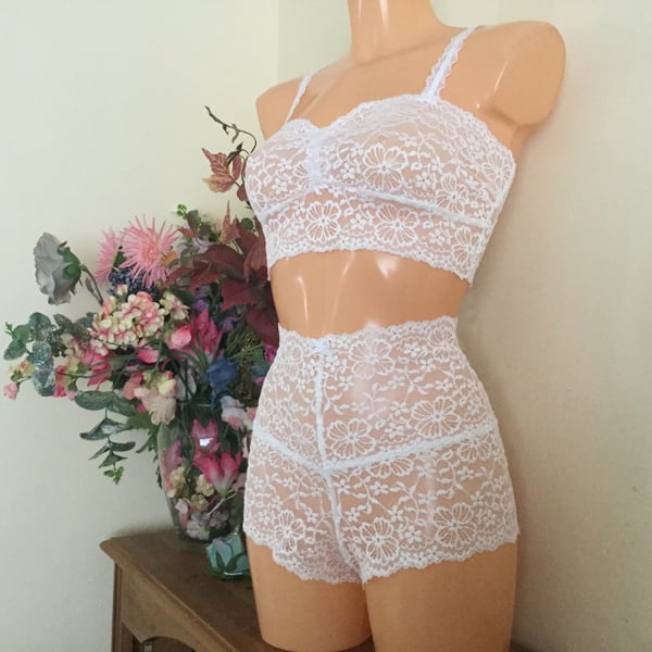 Ivory white vintage styled bandeau  and high waisted shortie set