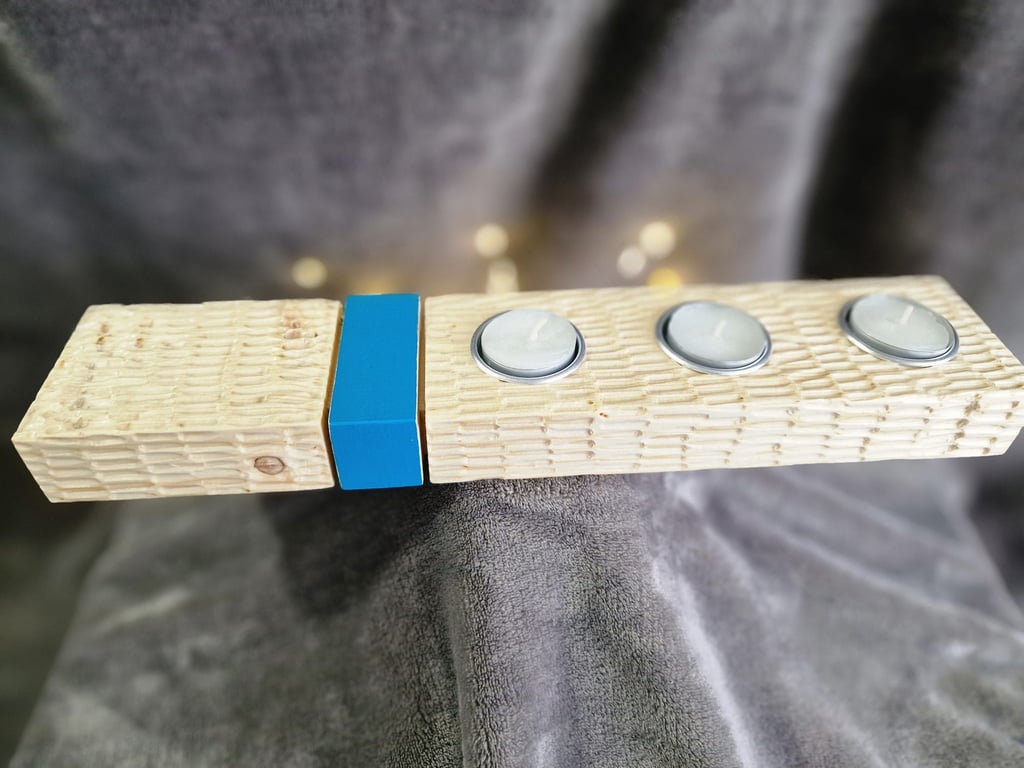 Hand Carved Wood Tealight Holder with Modern Turquoise Accent