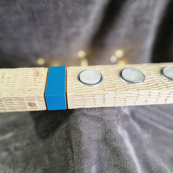 Hand Carved Wood Tealight Holder with Modern Turquoise Accent