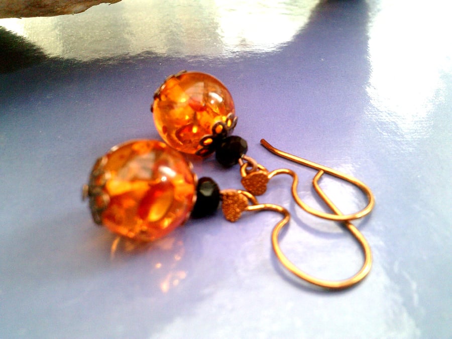Faux Amber Drop Earrings, Resin Amber & Copper Crystal Earrings