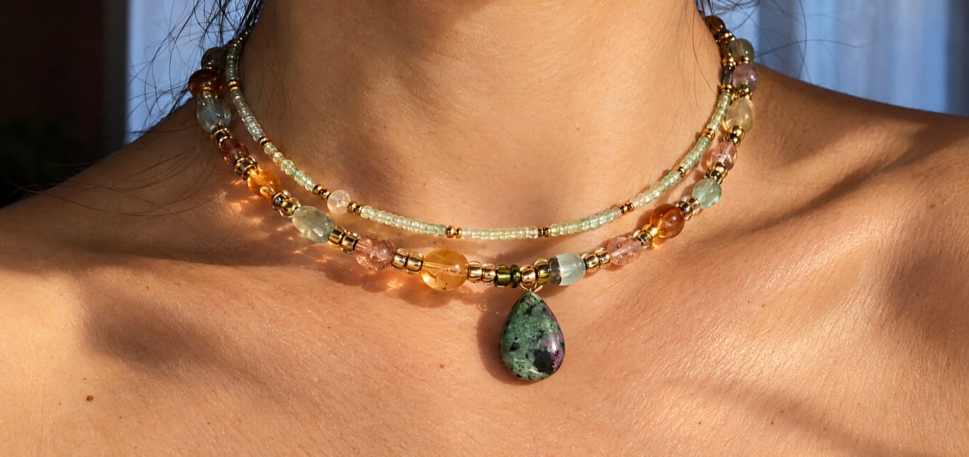 Ruby Zoisite Pendant, Garnet and Green Aventurine and Gemstones Necklace