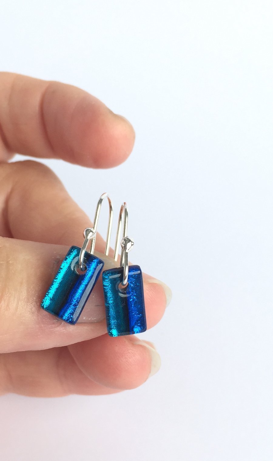 Blue striped 'by the seaside' glass and dichroic earrings 