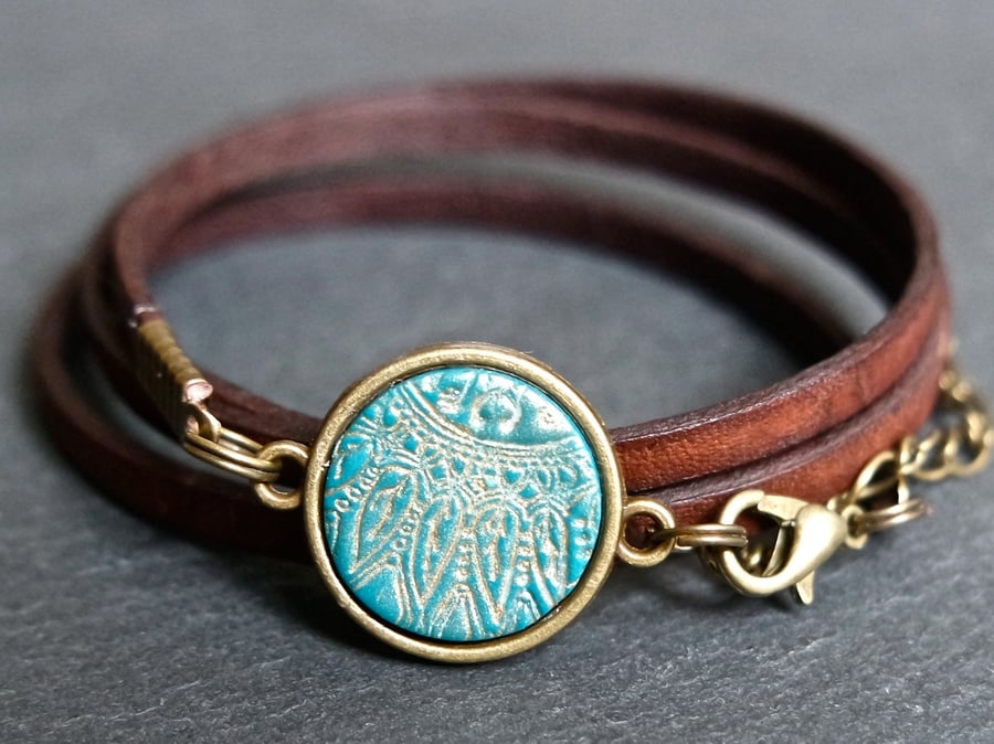 Leather bracelet - mandala flower turquoise bronze brown
