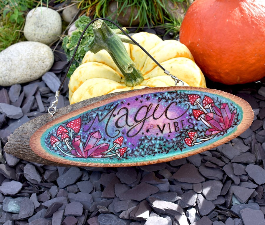 Pyrography Magic Vibes Be hanging plaque. Toadstool Crystals