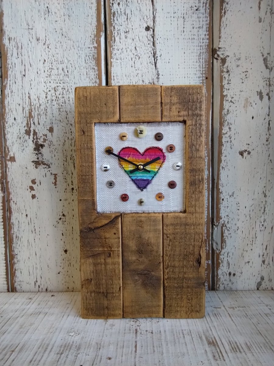 Handmade Rainbow Heart Wooden Clock, Rustic Reclaimed Wood Mantel Clock
