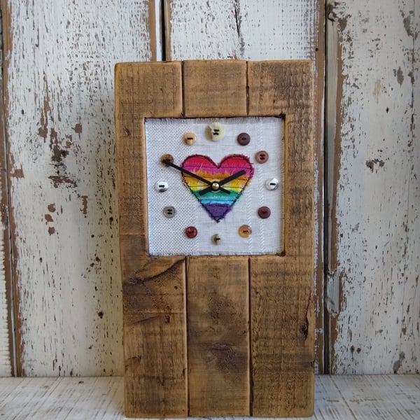 Handmade Rainbow Heart Wooden Clock, Rustic Reclaimed Wood Mantel Clock