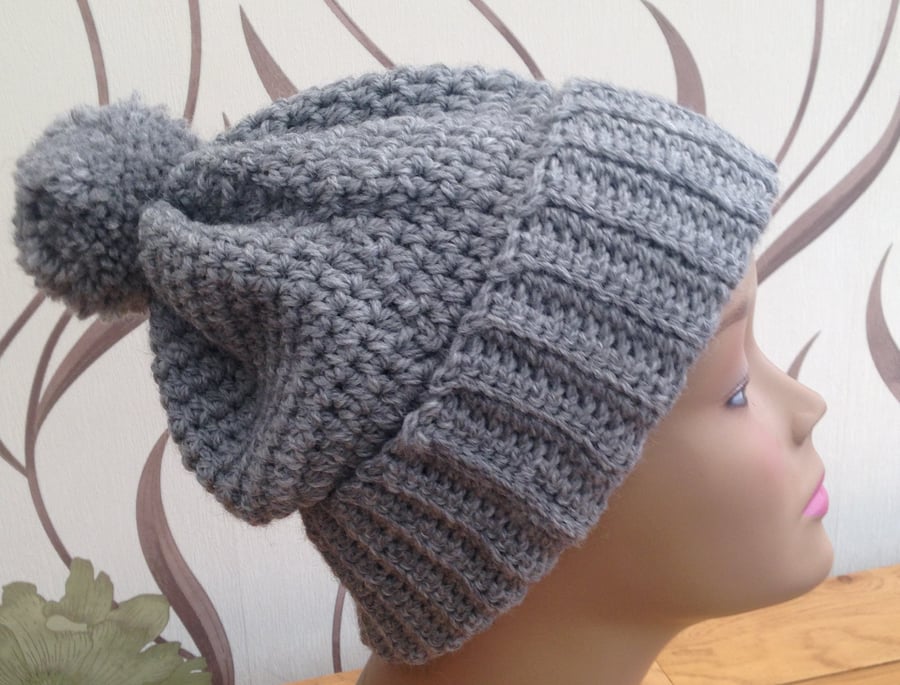 Crochet Bobble Hat Beanie in Pompom Design in Grey - Made to Order 