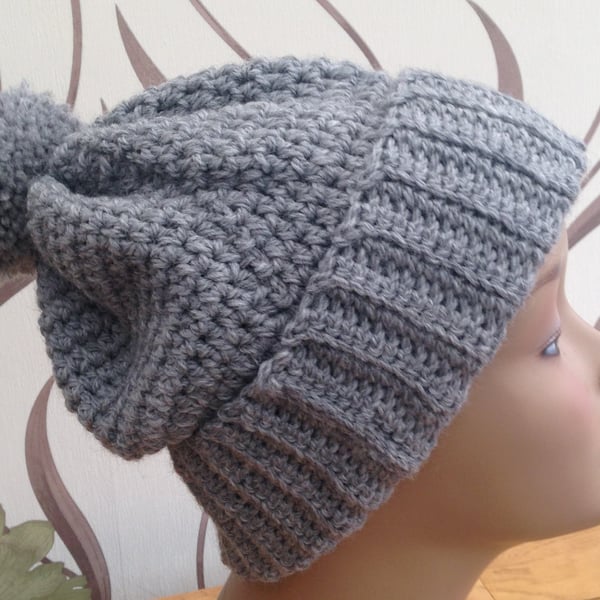Crochet Bobble Hat Beanie in Pompom Design in Grey - Made to Order 