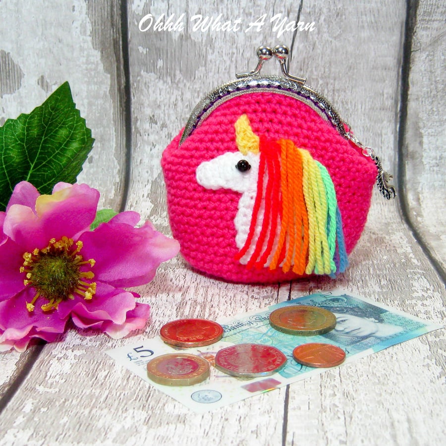 Crochet hot pink rainbow unicorn purse, crochet purse, coin purse, unicorn purse