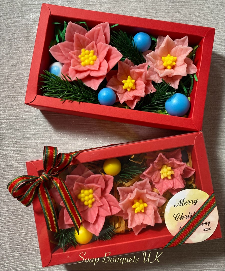 Poinsettia Soap Flowers Gift Set – Unusual Christmas Gift, Scented Trio.